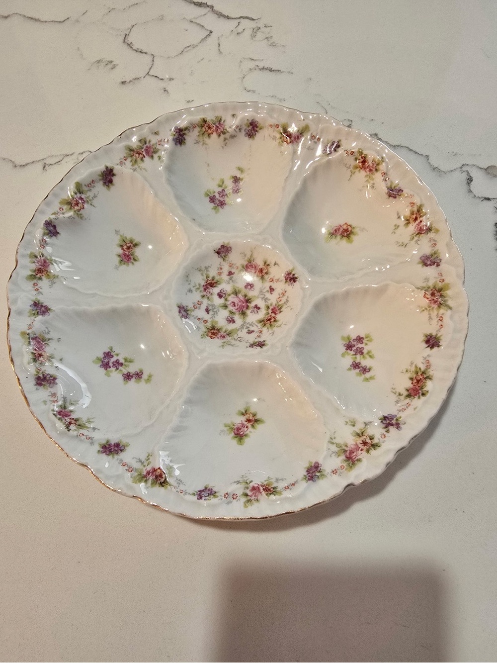 Vintage Floral Porcelain Divided Serving Platter - White with Pink & Green
